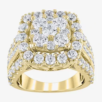 (G/S12) Womens 4 CT. T.W. Lab Grown White Diamond 10K Gold Cushion Cluster Side Stone Cocktail Ring