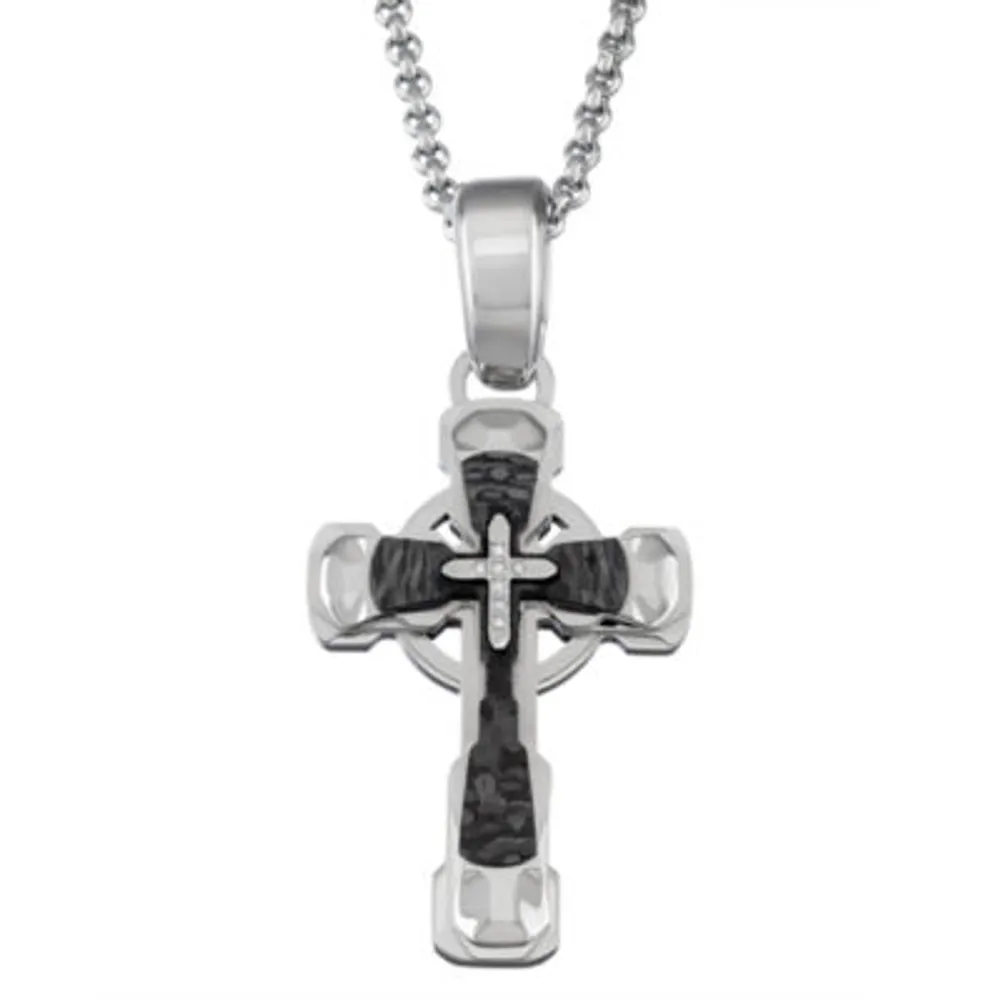 Mens Diamond Accent Natural White Diamond Stainless Steel Cross 24 Inch Pendant Necklace