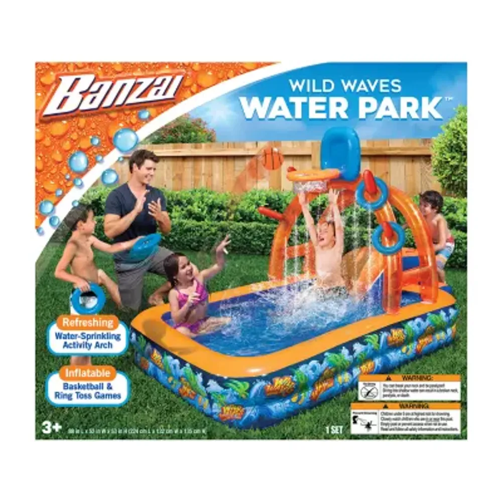 Banzai Wild Waves Water Park W/ Sprinkling Arch Basketball Hoop Ring Toss Game 6-pc. Pool Toy