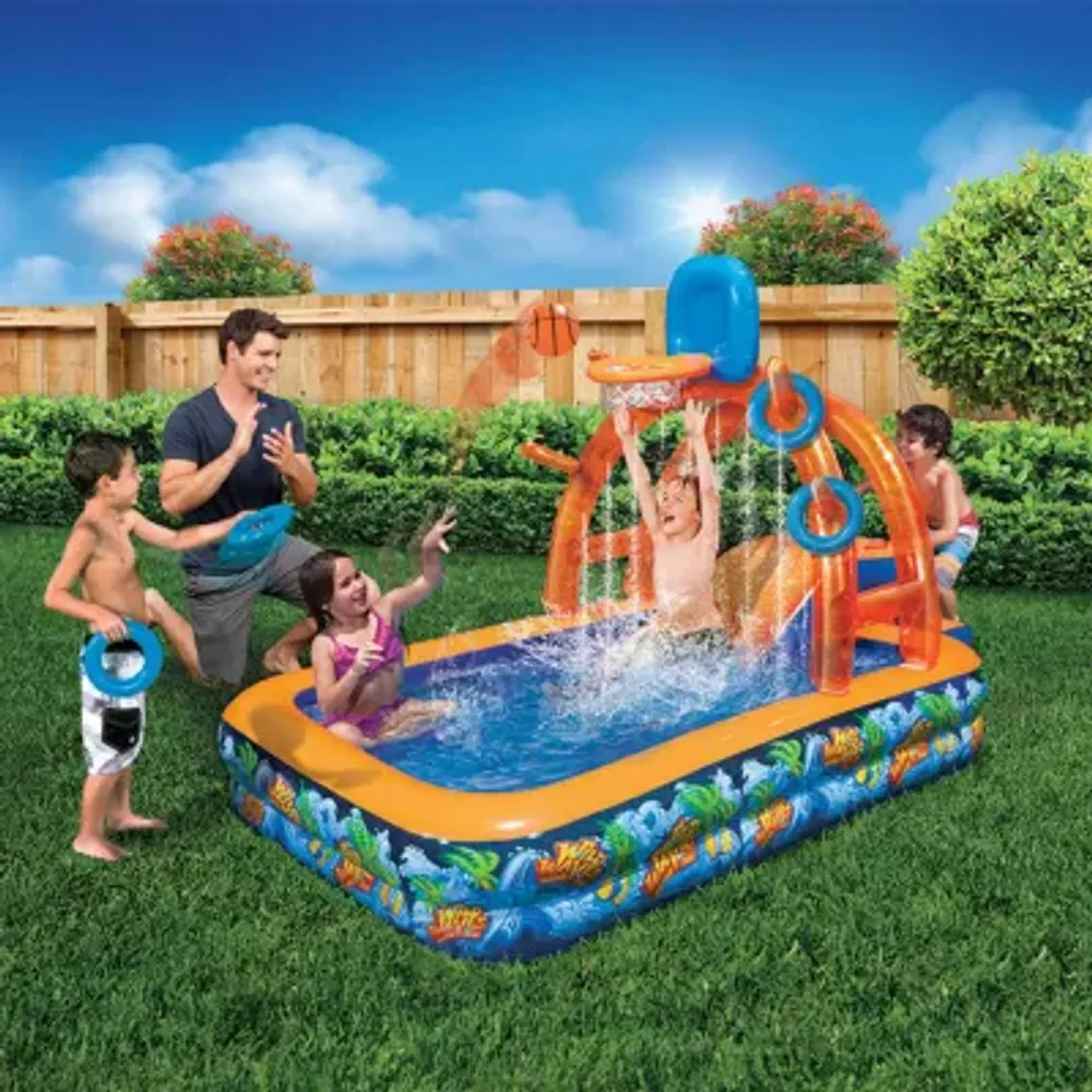 Banzai Wild Waves Water Park W/ Sprinkling Arch Basketball Hoop Ring Toss Game 6-pc. Pool Toys