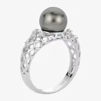 Womens 8.5MM White Cultured Freshwater Pearl Sterling Silver Cocktail Ring
