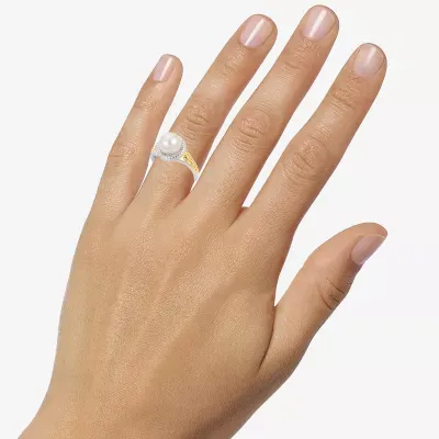 Womens 8-8.5MM White Cultured Freshwater Pearl 14K Two Tone Gold Over Silver Cocktail Ring