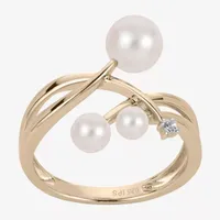 Womens Diamond Accent 6-6.5MM White Cultured Freshwater Pearl 14K Gold Cocktail Ring