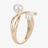 Womens Diamond Accent 6-6.5MM White Cultured Freshwater Pearl 14K Gold Cocktail Ring