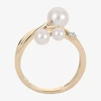 Womens Diamond Accent 6-6.5MM White Cultured Freshwater Pearl 14K Gold Cocktail Ring