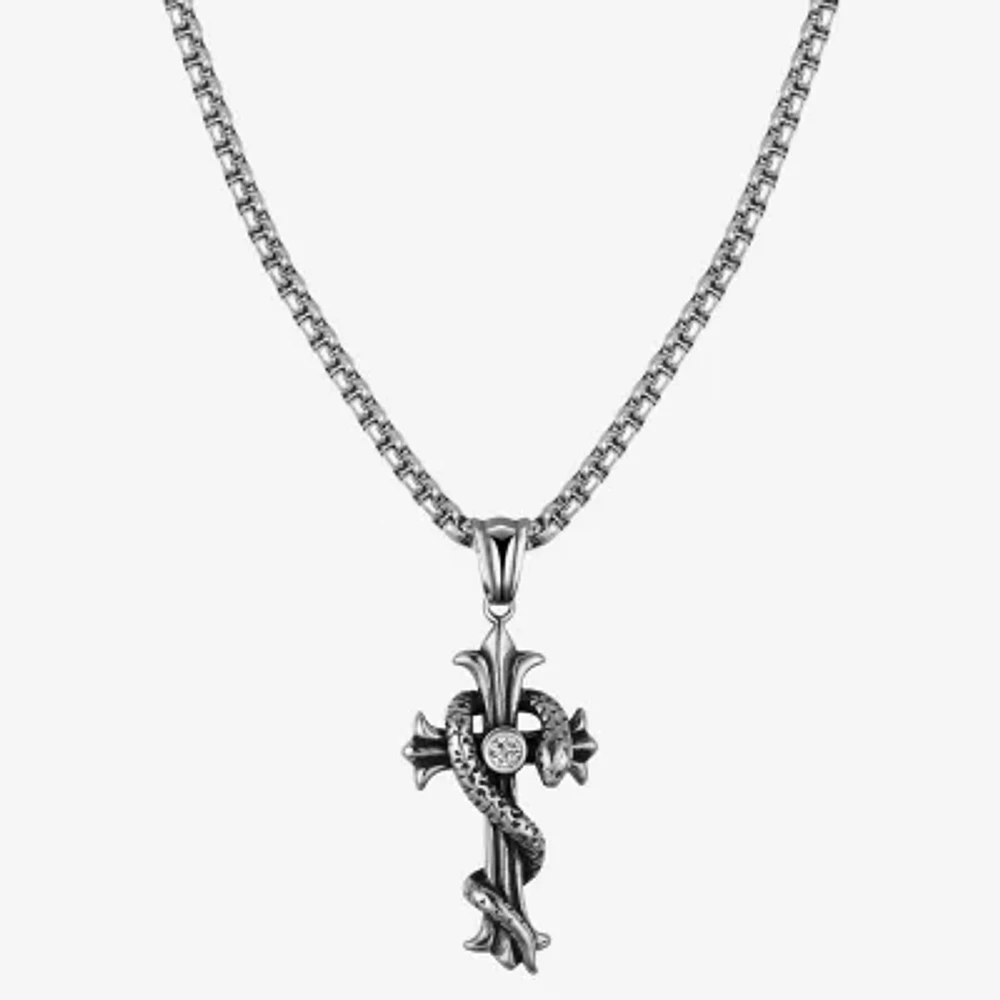 J.P. Army Wrapped Snake Cubic Zirconia Stainless Steel 24 Inch Rolo Cross Pendant Necklace