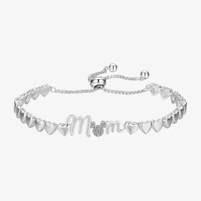 Disney Classics Mom Cubic Zirconia Silver Tone Pure Silver Over Brass Heart Mickey Mouse Bolo Bracelet