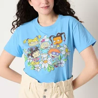 Juniors Puffed Flowers Cropped Tee Womens Crew Neck Short Sleeve Rugrats Graphic T-Shirt