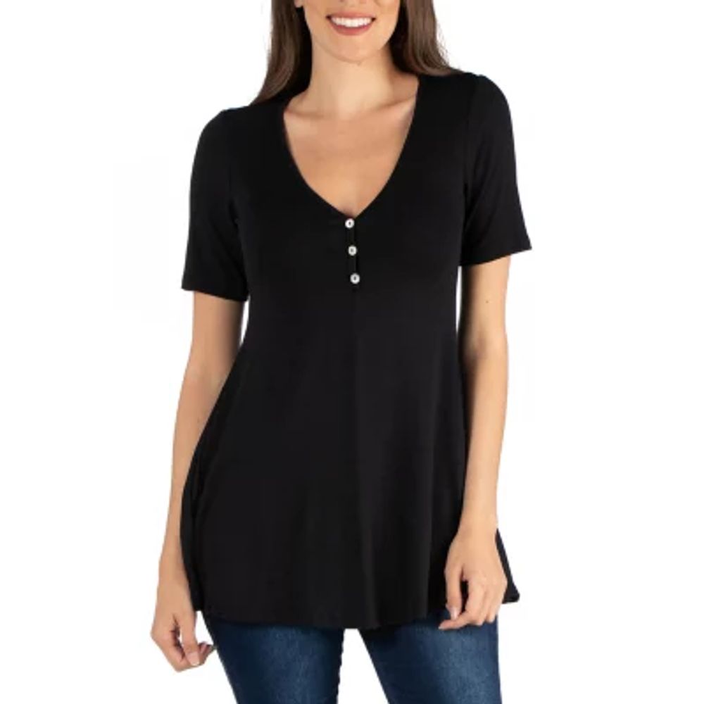 24seven Comfort Apparel 24/7 Comfort Apparel Short Sleeve Tunic Top with  Buttons
