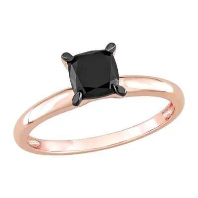 Midnight Black Womens 1 CT. Natural Diamond 14K Rose Gold Cushion Solitaire Engagement Ring