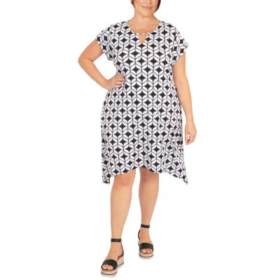 Larky Lark Womens Short Sleeve Geometric Fit + Flare Dress Plus