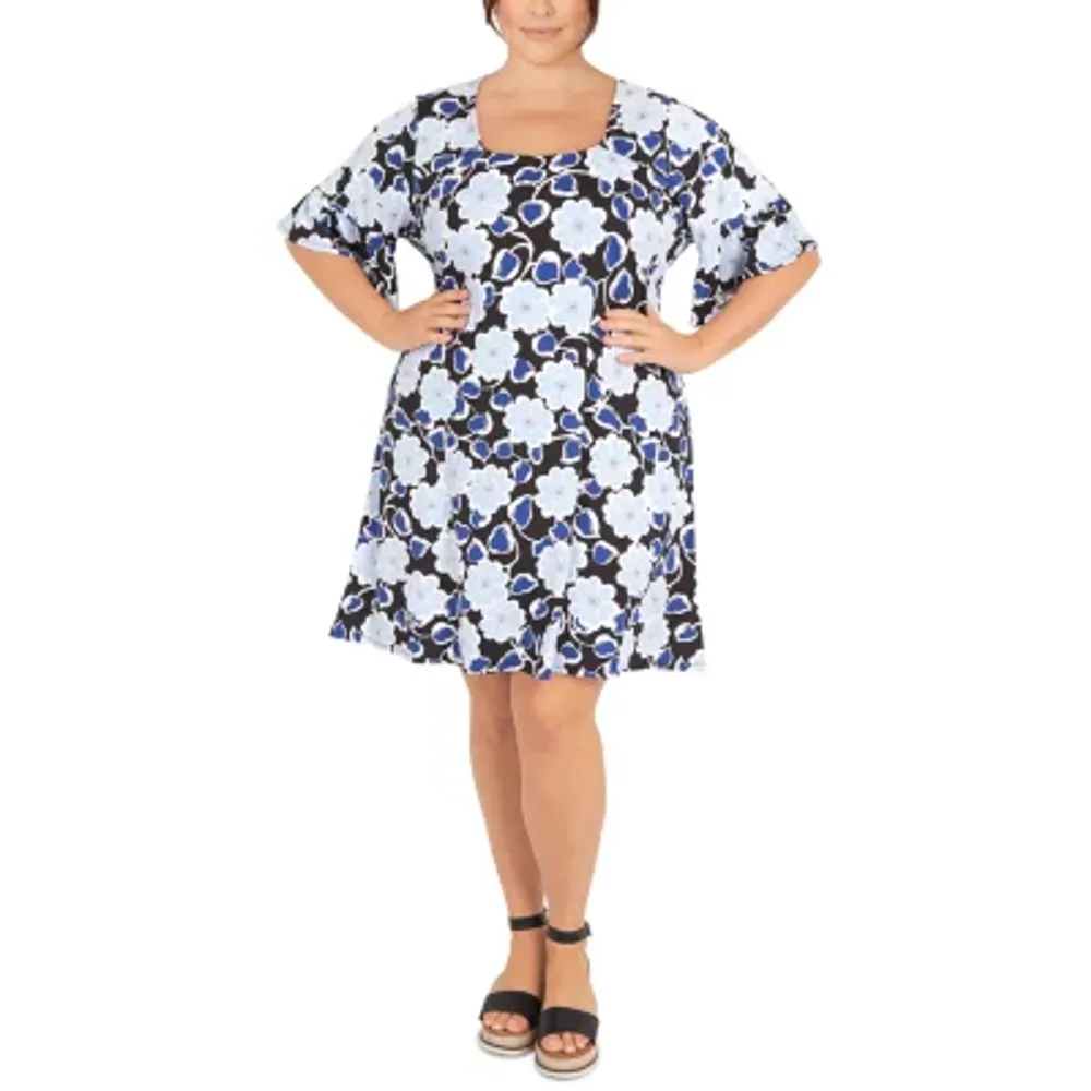 Larky Lark Womens Short Sleeve Floral Fit + Flare Dress Plus