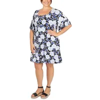 Larky Lark Womens Short Sleeve Floral Fit + Flare Dress Plus