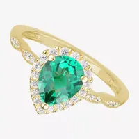 Yes, Please! Womens Lab Created Green Emerald 14K Gold Over Silver Sterling Silver Pear Halo Cocktail Ring