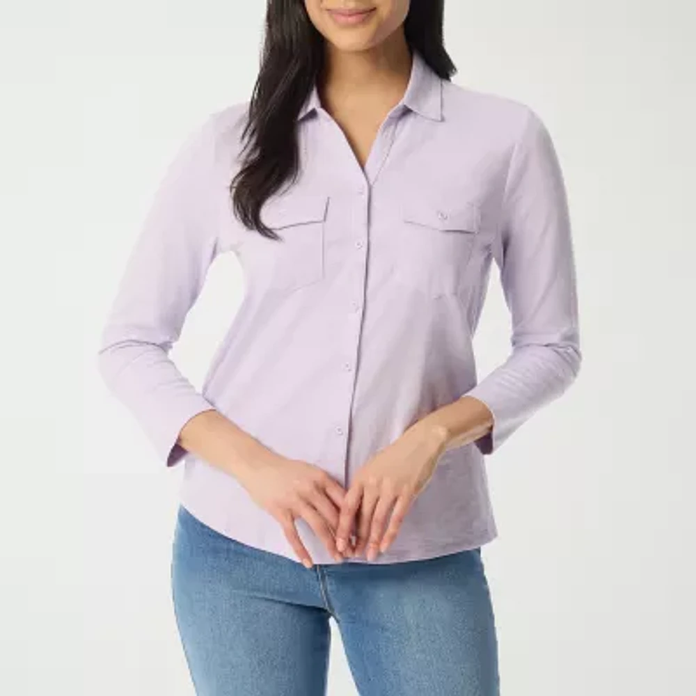 Gloria Vanderbilt Womens 3/4 Sleeve Regular Fit Button-Down Shirt