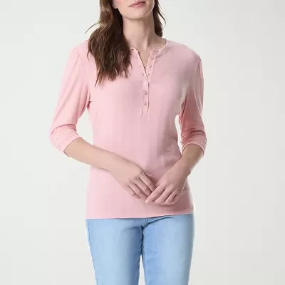 Gloria Vanderbilt Womens Split Crew Neck Elbow Sleeve Henley Shirt
