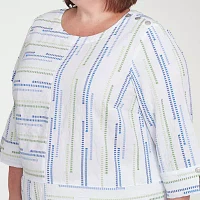 Alfred Dunner Plus Parrot Cay Womens Crew Neck 3/4 Sleeve Blouse