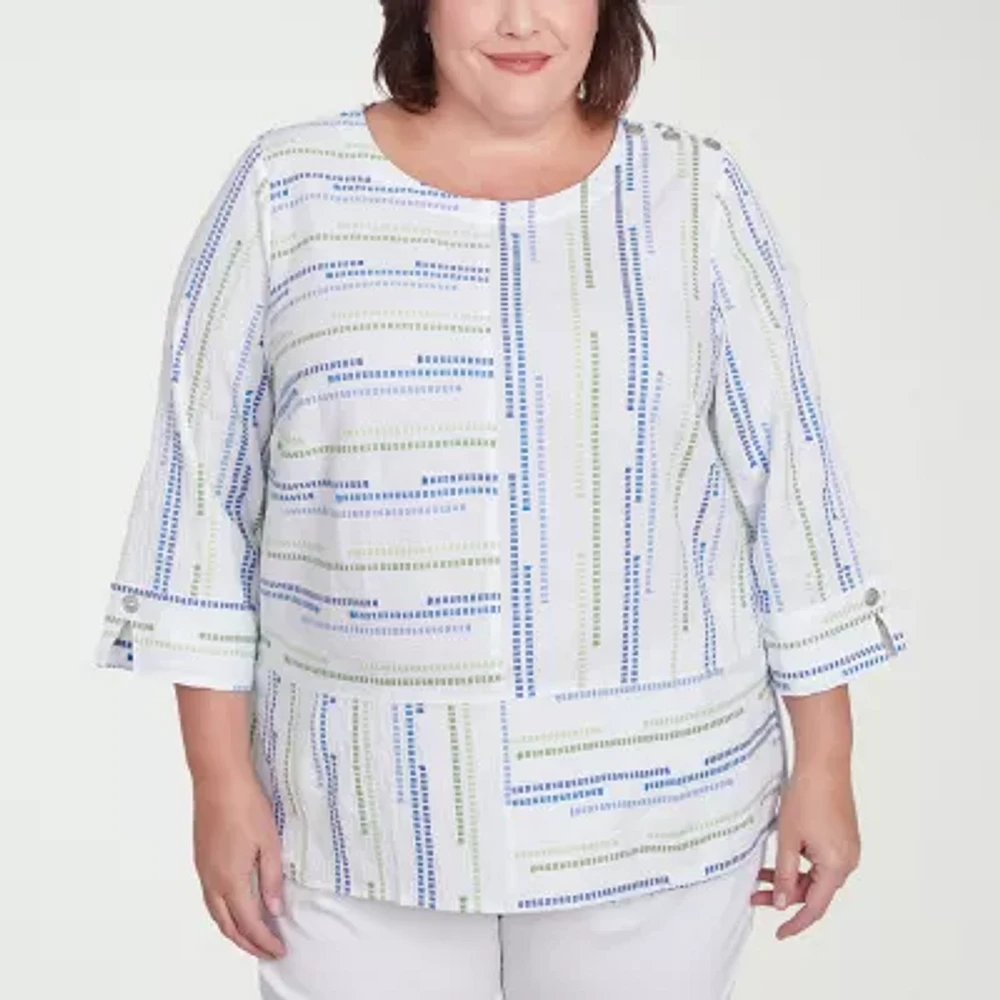 Alfred Dunner Plus Parrot Cay Womens Crew Neck 3/4 Sleeve Blouse