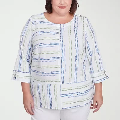 Alfred Dunner Plus Parrot Cay Womens Crew Neck 3/4 Sleeve Blouse