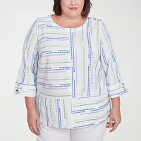 Alfred Dunner Plus Parrot Cay Womens Crew Neck 3/4 Sleeve Blouse