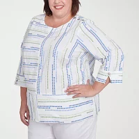 Alfred Dunner Plus Parrot Cay Womens Crew Neck 3/4 Sleeve Blouse