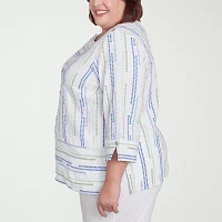 Alfred Dunner Plus Parrot Cay Womens Crew Neck 3/4 Sleeve Blouse