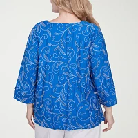 Alfred Dunner Plus Parrot Cay Womens V Neck 3/4 Sleeve Embroidered Blouse