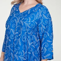 Alfred Dunner Plus Parrot Cay Womens V Neck 3/4 Sleeve Embroidered Blouse