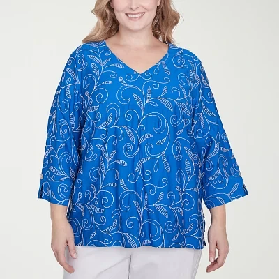 Alfred Dunner Plus Parrot Cay Womens V Neck 3/4 Sleeve Embroidered Blouse