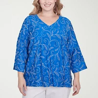 Alfred Dunner Plus Parrot Cay Womens V Neck 3/4 Sleeve Embroidered Blouse