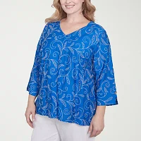 Alfred Dunner Plus Parrot Cay Womens V Neck 3/4 Sleeve Embroidered Blouse