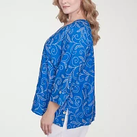 Alfred Dunner Plus Parrot Cay Womens V Neck 3/4 Sleeve Embroidered Blouse