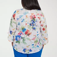 Alfred Dunner Plus Parrot Cay Womens 3/4 Sleeve Button-Down Shirt