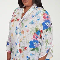 Alfred Dunner Plus Parrot Cay Womens 3/4 Sleeve Button-Down Shirt