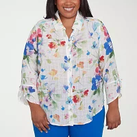 Alfred Dunner Plus Parrot Cay Womens 3/4 Sleeve Button-Down Shirt