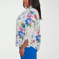 Alfred Dunner Plus Parrot Cay Womens 3/4 Sleeve Button-Down Shirt