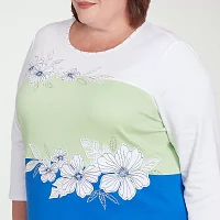 Alfred Dunner Parrot Cay Womens Plus Crew Neck 3/4 Sleeve T-Shirt