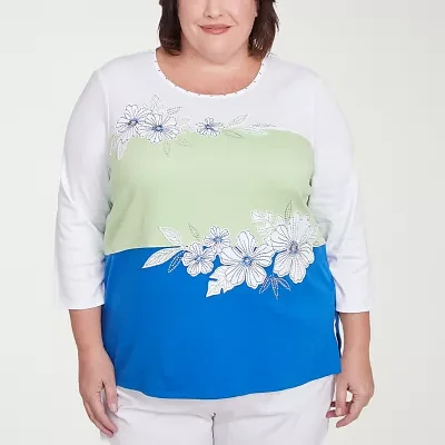 Alfred Dunner Parrot Cay Womens Plus Crew Neck 3/4 Sleeve T-Shirt