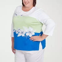 Alfred Dunner Parrot Cay Womens Plus Crew Neck 3/4 Sleeve T-Shirt