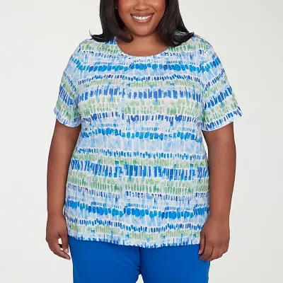 Alfred Dunner Parrot Cay Womens Plus Crew Neck Short Sleeve Stretch Fabric T-Shirt