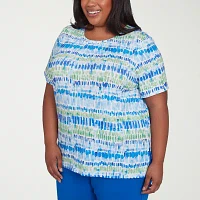Alfred Dunner Parrot Cay Womens Plus Crew Neck Short Sleeve Stretch Fabric T-Shirt