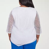Alfred Dunner Plus Parrot Cay Womens Crew Neck 3/4 Sleeve Lined Blouse