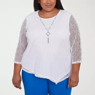 Alfred Dunner Plus Parrot Cay Womens Crew Neck 3/4 Sleeve Lined Blouse