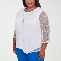Alfred Dunner Plus Parrot Cay Womens Crew Neck 3/4 Sleeve Lined Blouse