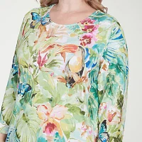 Alfred Dunner Parrot Cay Womens Plus Crew Neck 3/4 Sleeve T-Shirt