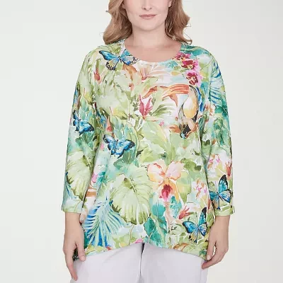 Alfred Dunner Parrot Cay Womens Plus Crew Neck 3/4 Sleeve T-Shirt