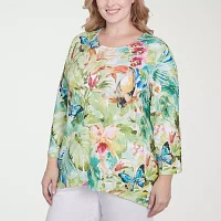 Alfred Dunner Parrot Cay Womens Plus Crew Neck 3/4 Sleeve T-Shirt