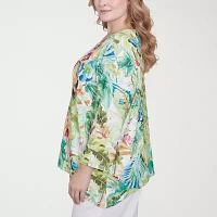 Alfred Dunner Parrot Cay Womens Plus Crew Neck 3/4 Sleeve T-Shirt