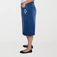 Alfred Dunner Flower Power Womens Stretch Fabric Denim Skirt-Plus
