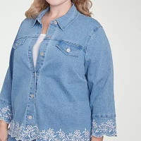 Alfred Dunner Flower Power Lightweight Denim Womens Plus Jacket